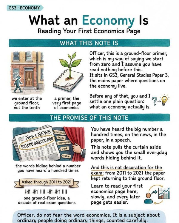 What an Economy Is note cover — reading your first economics page